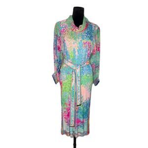 Leonard Paris Vintage 80s Multicolor Silk Shift Belted Midi Dress No Size Tag